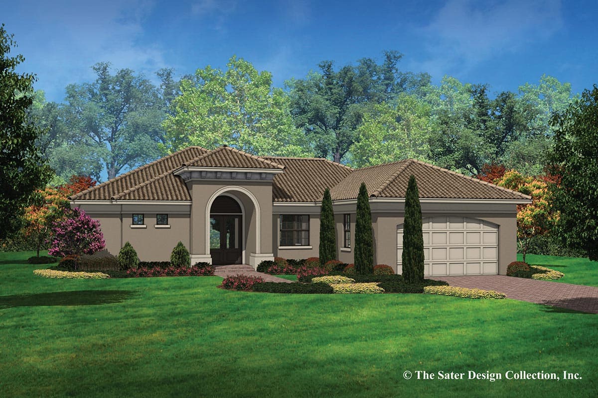House plan exterior. One-story Mediterranean style with a barrel tile roof, arched entry, and attached garage. Includes low-pitched rooflines.