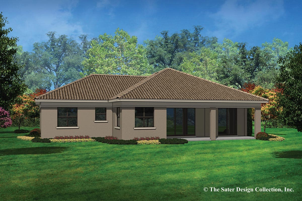 House plan exterior: single-story home with tile roof, covered patio, and multiple large windows.