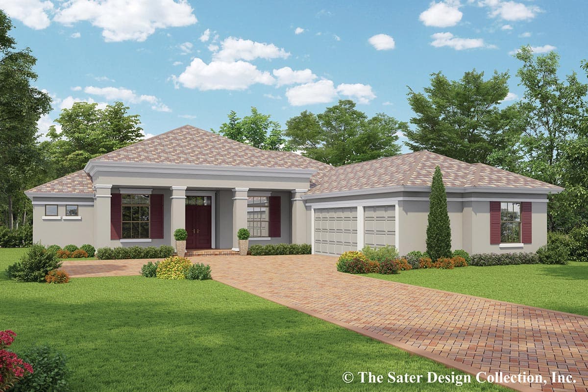 House plan exterior with two stories, columns, attached garage, and hip rooflines. Features brick driveway and window shutters.