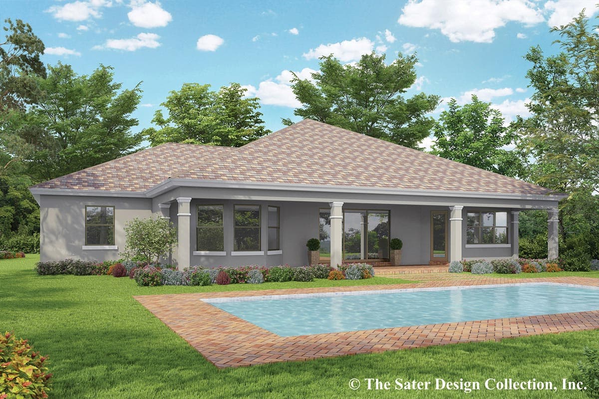 House plan exterior: One-story, modern style with a hipped roof, covered porch supported by columns, and large windows.