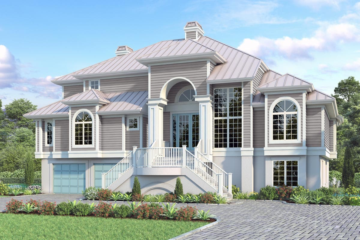 House plan exterior. Two-story with gabled roof, arched entryway, and multi-paned windows. Features a front porch with stairs and garage.