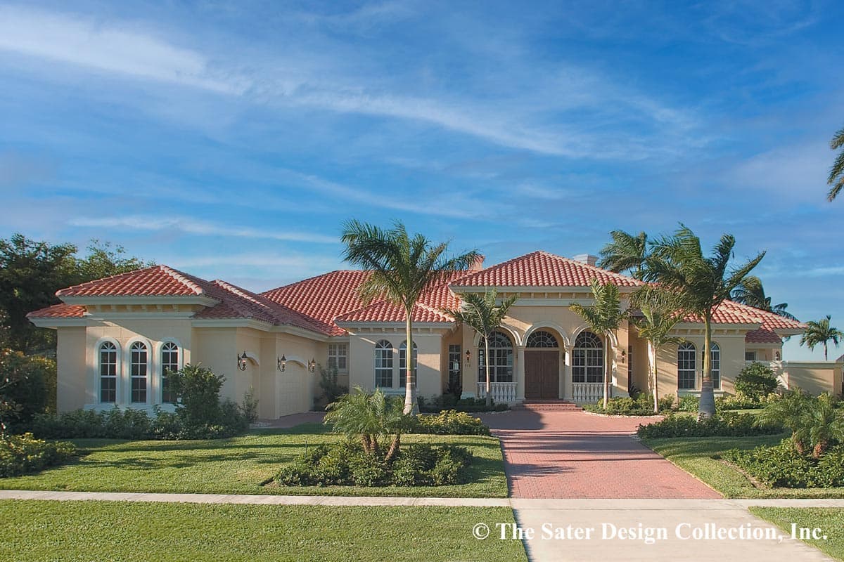 House plan exterior with Mediterranean architectural style. Features include a tiled roof, arched windows, and a portico with columns.