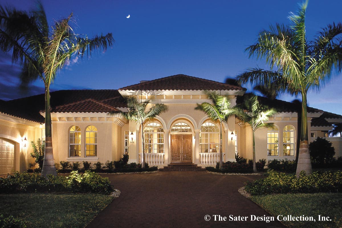 House plan exterior with arched windows, double doors, and a tiled roof. Features a side-entry garage and covered entry.