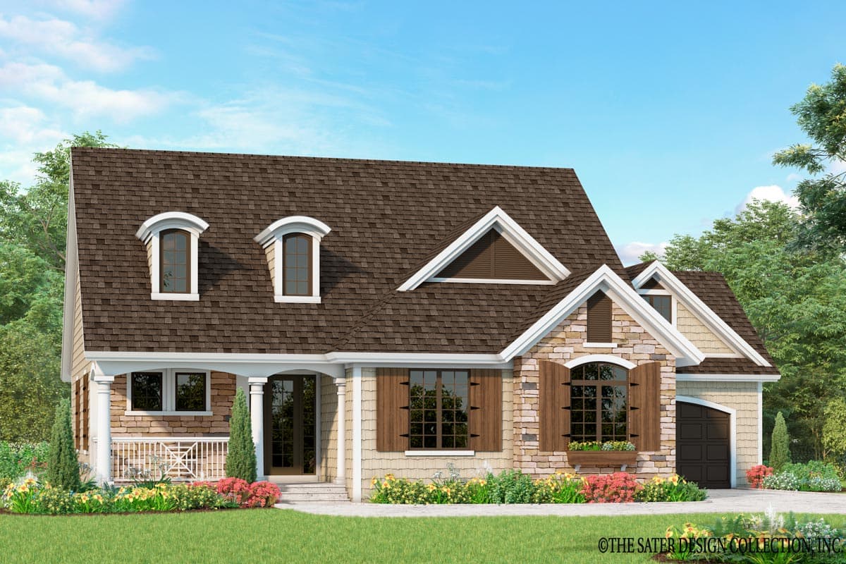 House plan exterior. Two-story home with Craftsman-style elements. Features include a front porch, gables, dormers, and stone accents.