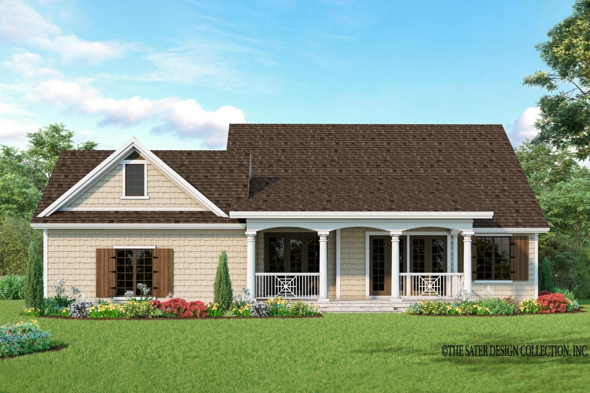 House plan exterior: one-story home with a prominent gable, covered porch with columns, and decorative railing.