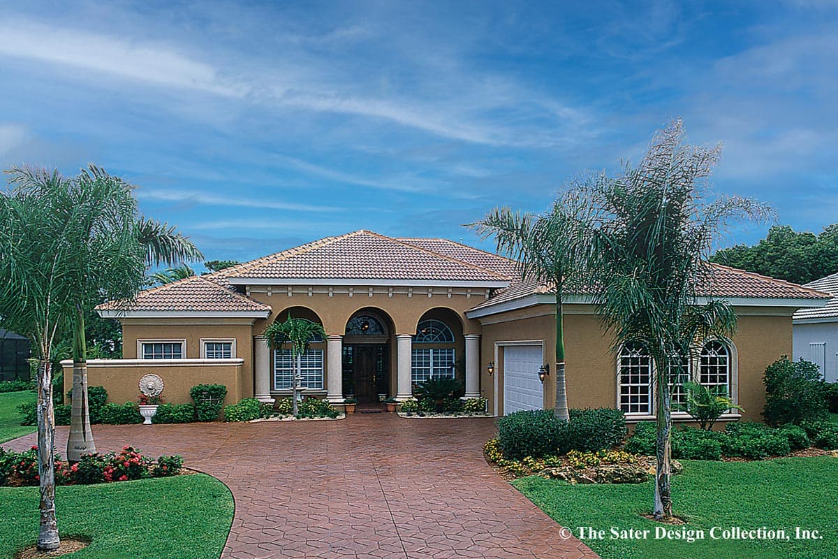 House plan exterior. One-story Mediterranean home with arched entry, barrel tile roof, and attached garage. Driveway leads to front door.