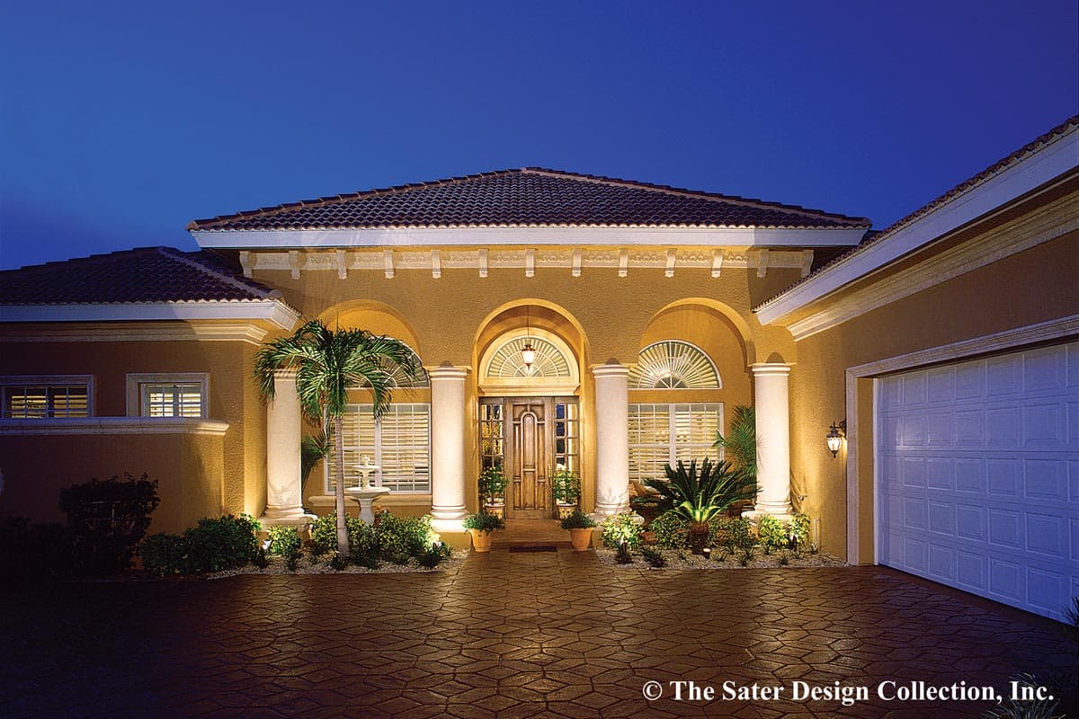 House plan exterior, one story, arched entry with columns, tiled roof, and attached garage.