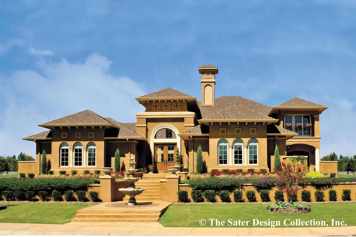 House plan exterior: Two-story Mediterranean-style home with arched entry, multiple gables, a tower, and a detailed roofline.