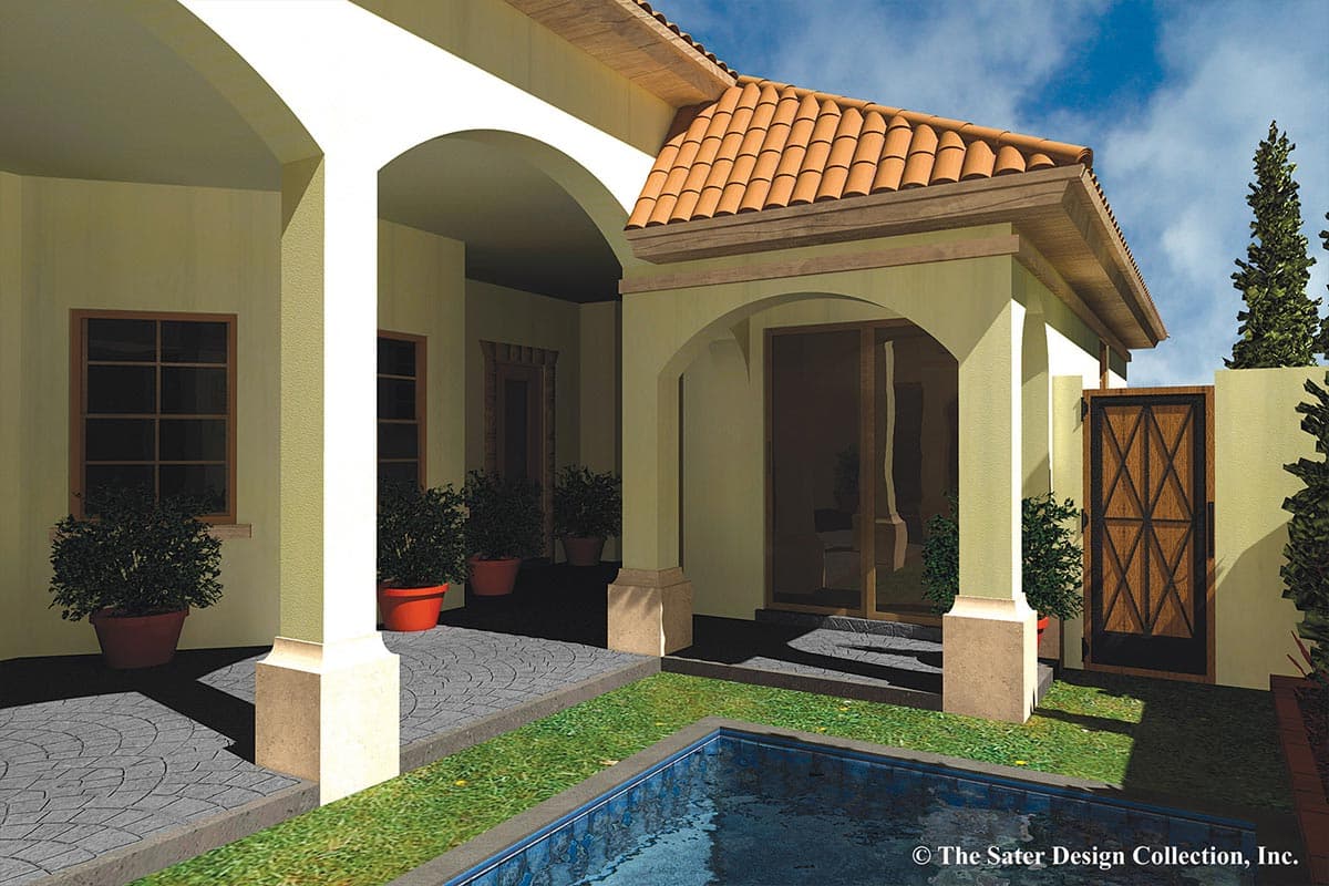 Exterior house plan rendering with arched loggia, tile roof, windowed gate, and courtyard pool.