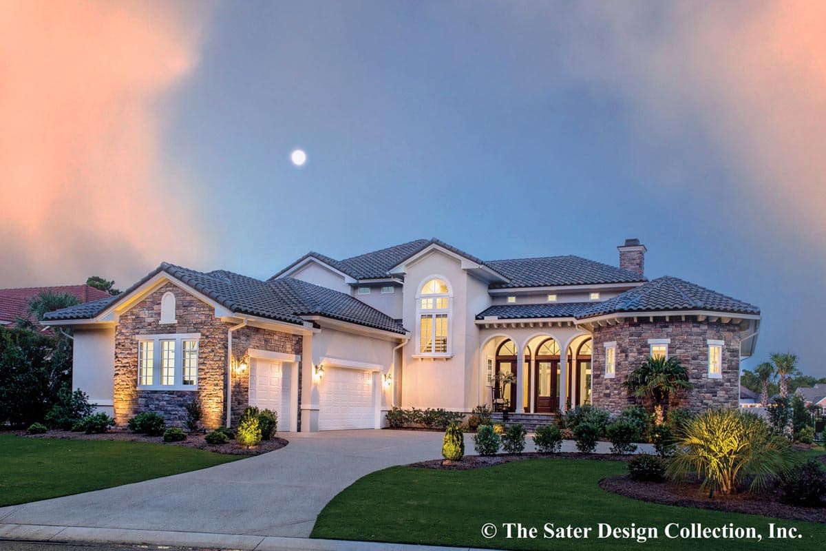 House plan exterior. Two-story Mediterranean-style home with stone facade, barrel tile roof, arched entry, and attached garage.