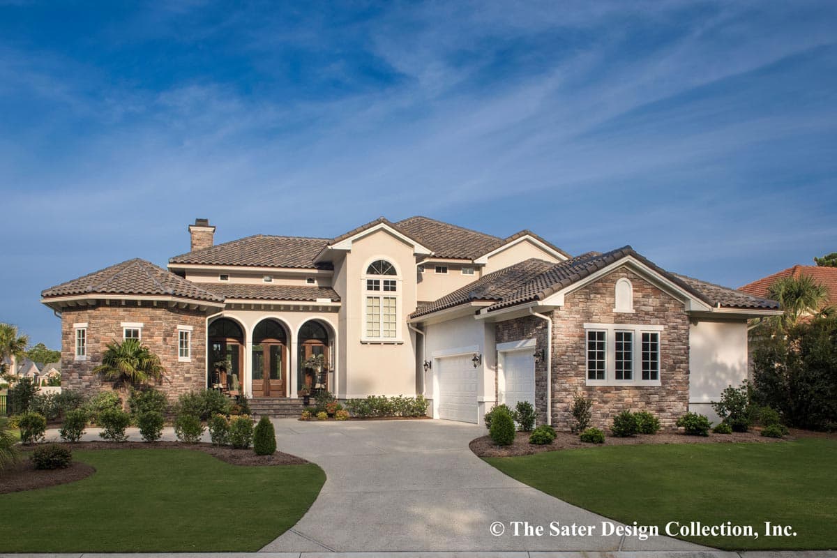 House plan exterior: Mediterranean style, two stories, arched entryway, stone accents, tiled roof, and a three-car garage.