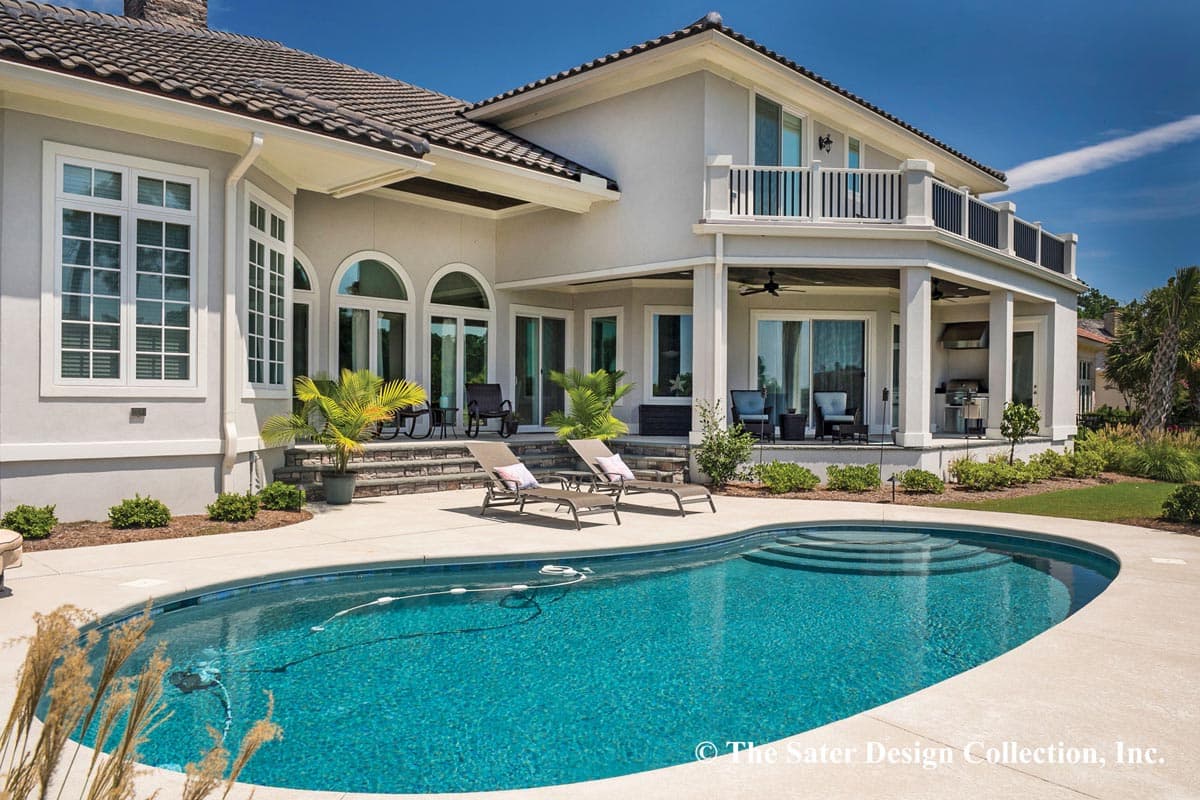 House plan exterior showing a two-story stucco home with a multi-level balcony, covered patio, and a swimming pool.