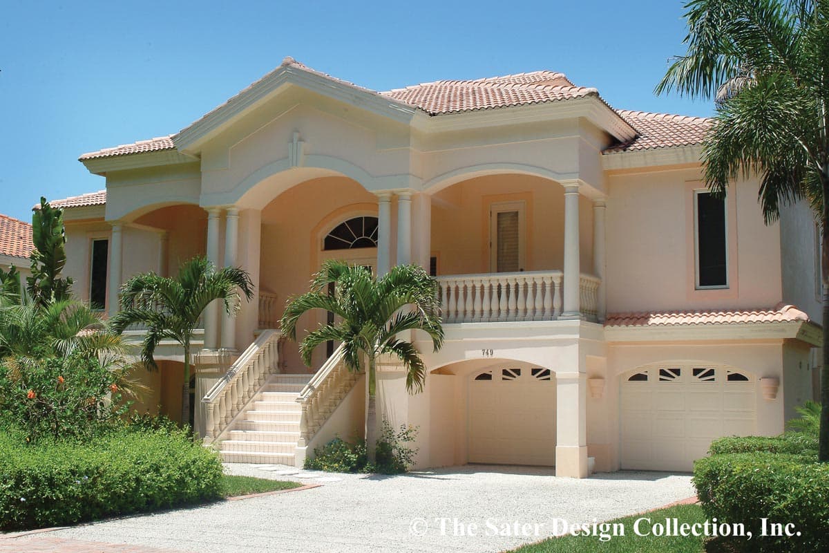 House plan exterior. Two-story Mediterranean style with a covered porch, arched entryways, and a tile roof. Includes a garage with arched door.