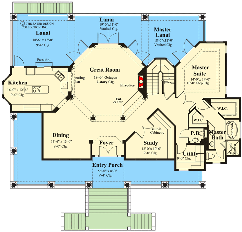 Plan 340078STR: Southern Tidewater Cottage with Main Floor Master Suite and a 2-Story Great Room - Floor Plan - Main Level - Acadian, Coastal, Louisiana-Style, Low Country, Southern, Southern Traditional