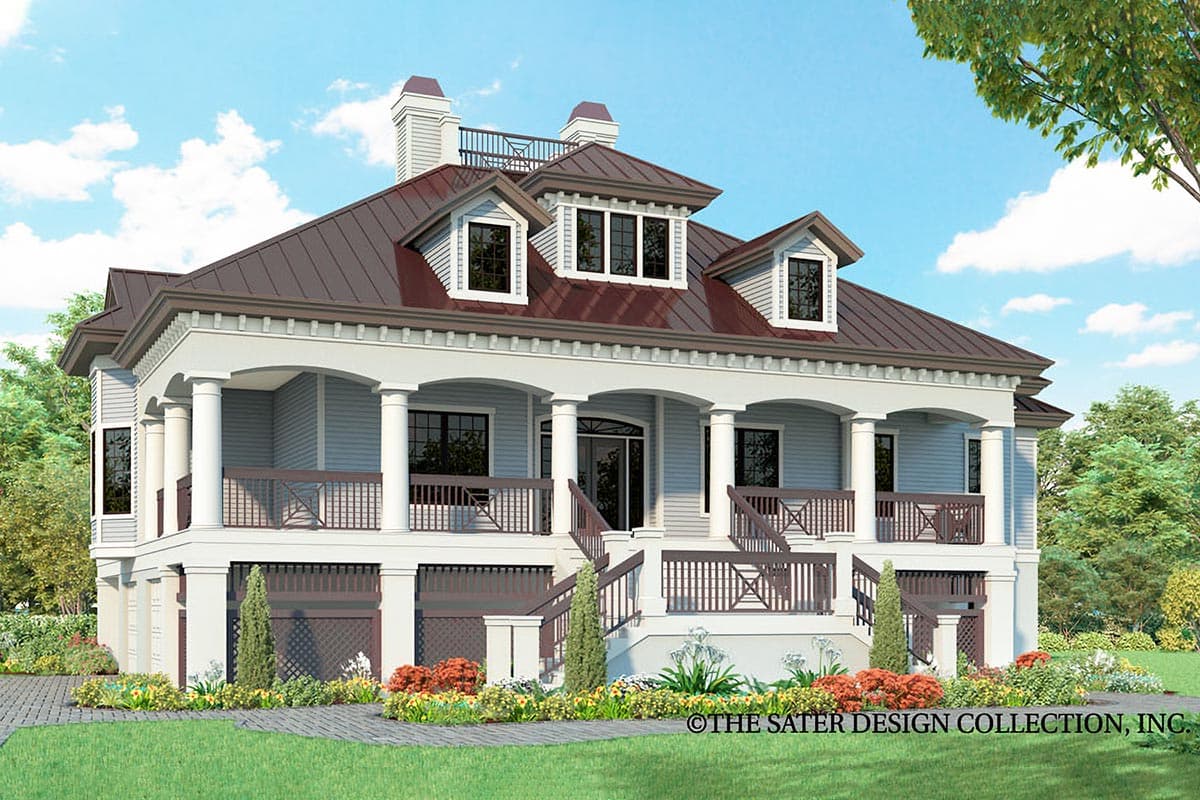 House plan exterior with two stories, a wrap-around porch supported by columns, dormers, and a gabled roof.