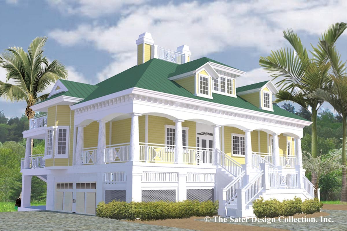 House plan exterior: Two-story elevated home with a wraparound porch, green metal roof, columns, and a two-car garage.