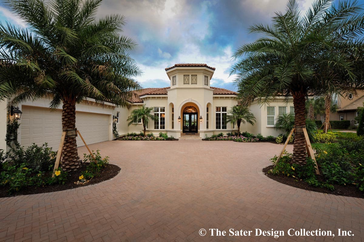 House plan exterior. Two-story Mediterranean-style home with a turret, arched entry, and attached garage. Palm trees frame the driveway.