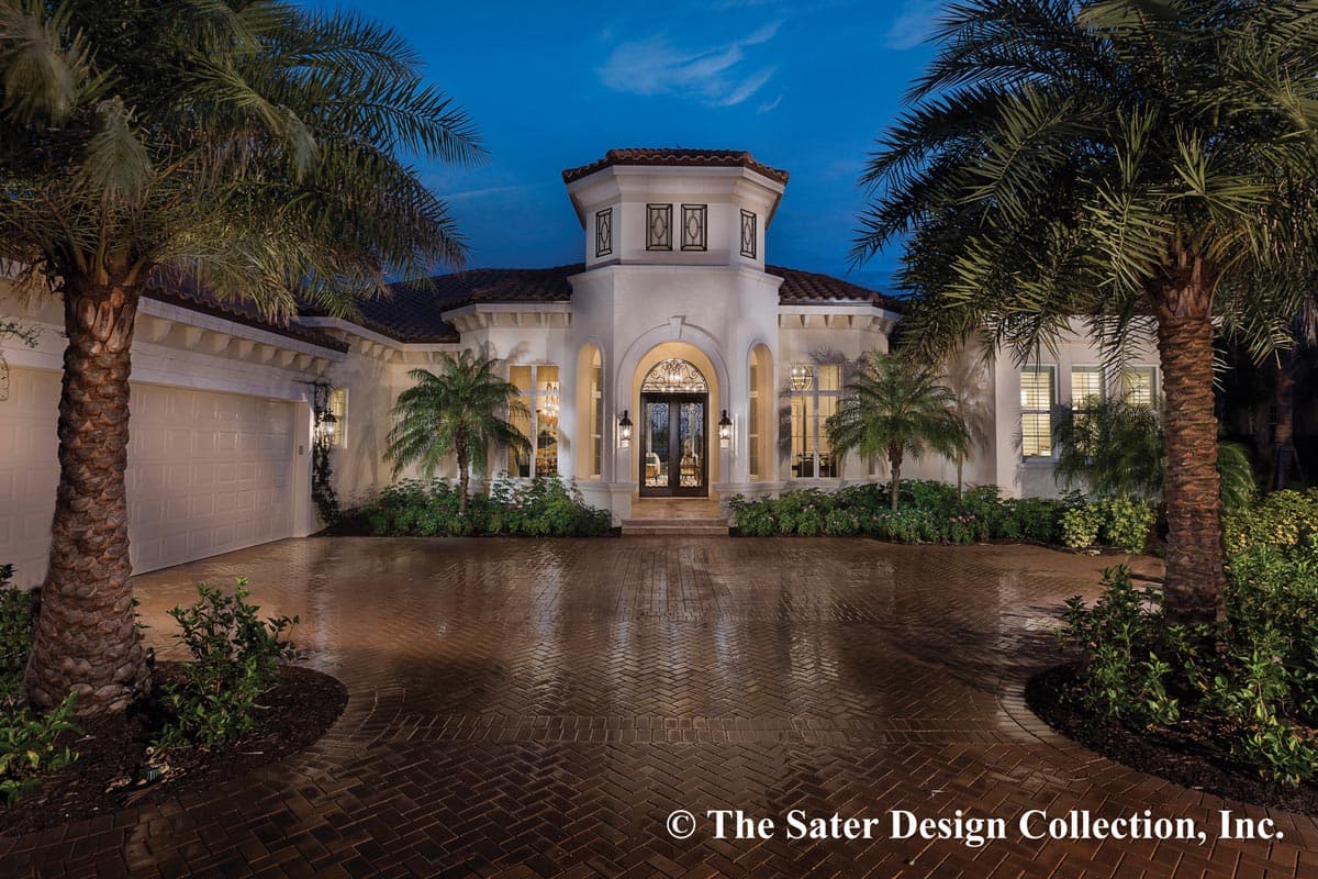 Mediterranean style house plan exterior with a central arched entryway, corner tower, and attached garage.