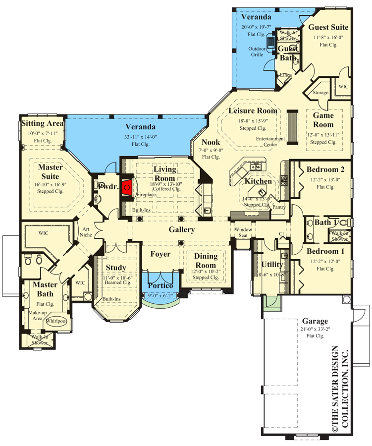 Plan 340087STR: 4 Bed Mediterranean House Plan with 3-Car Garage Under 3800 Square Feet - Floor Plan - Main Level - European, Mediterranean, Ranch, Transitional
