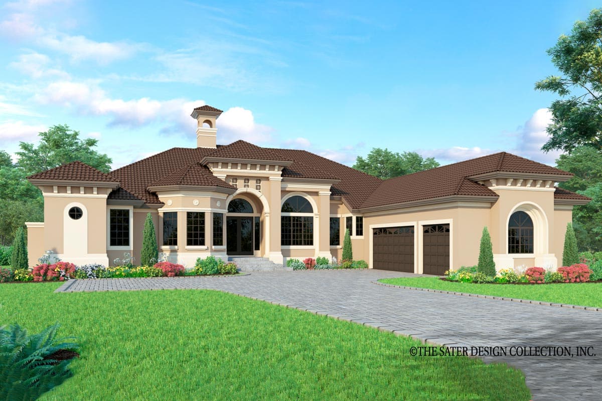 House plan exterior. Mediterranean style, single story, with arched windows, a barrel tile roof, and a three-car garage.