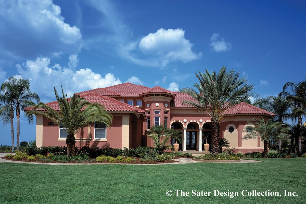 House plan exterior with two stories and Mediterranean style. Features include a tile roof, arched entry, and a turret. Palm trees surround the house.