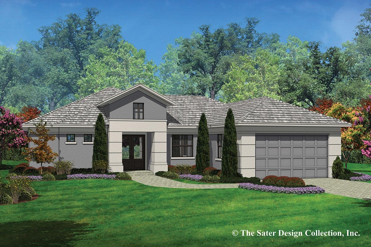 House plan exterior with low-pitched roof, portico entry, and attached garage. Single-story design with a mix of stone and stucco finishes.