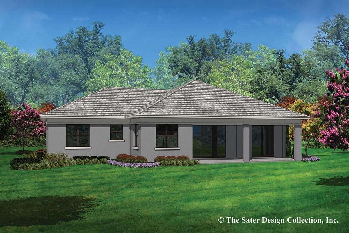 House plan exterior: One-story modern home with hip roof, wide eaves, and covered rear lanai supported by square columns.