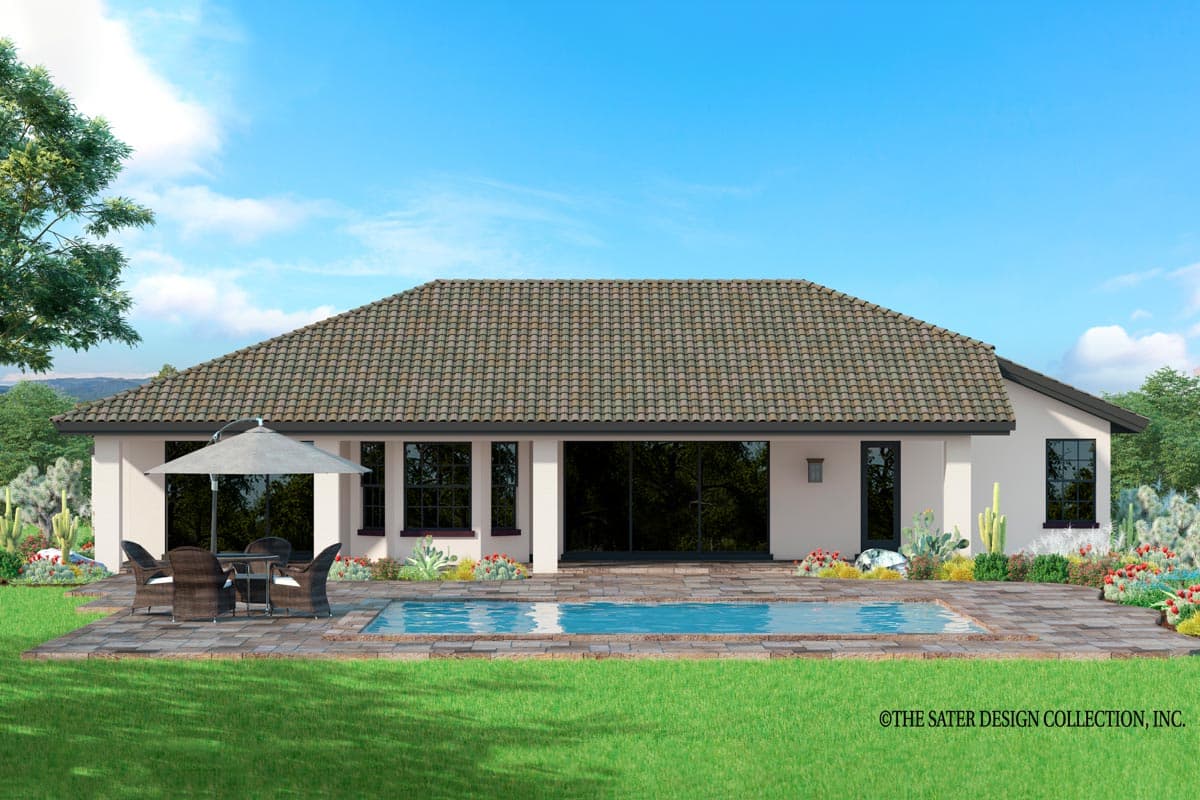 House plan exterior: single-story home with tile roof, large glass doors, and patio with pool.
