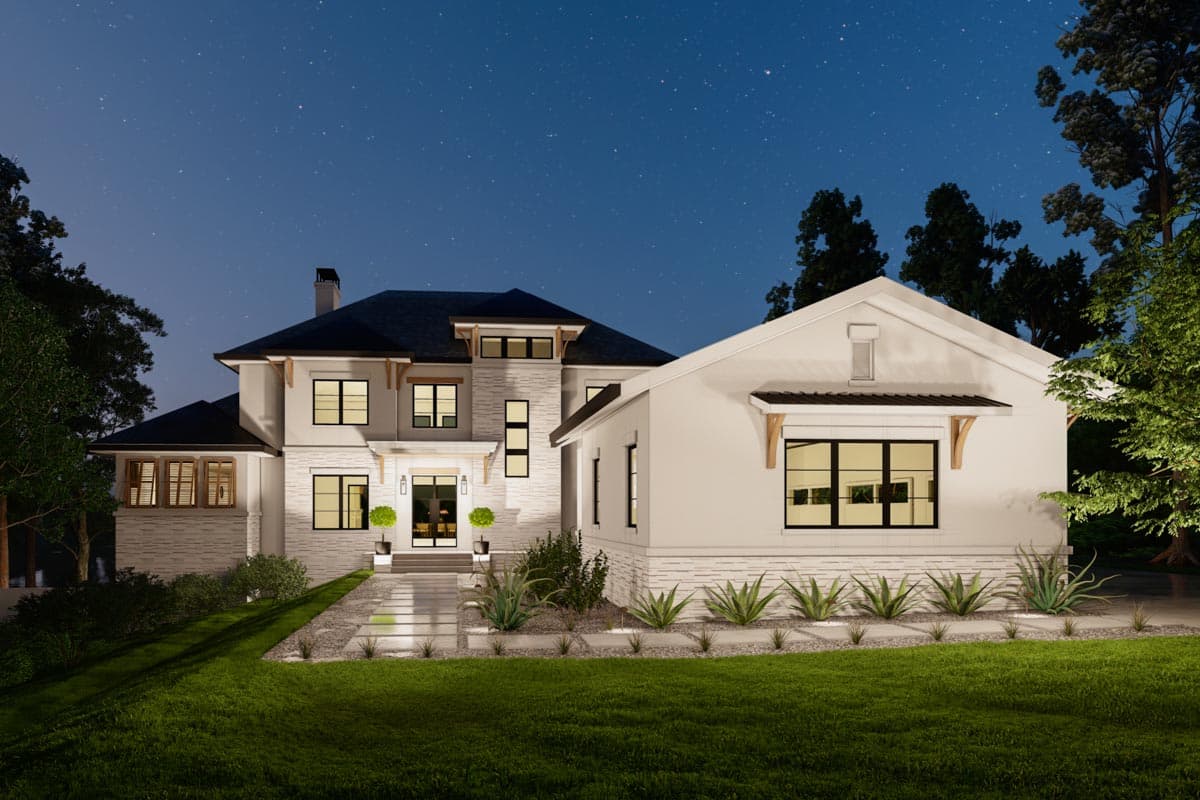 House plan exterior: Modern style, multi-story residence with stone accents, gabled rooflines, and large black-framed windows.