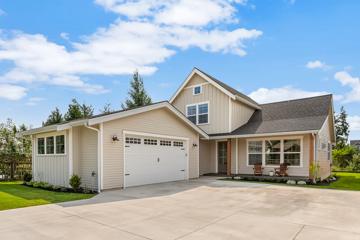 House plan exterior shows a two-story Modern Farmhouse with a side-entry garage, gable dormer, and covered front entry.