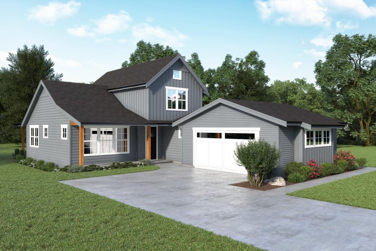 Modern Farmhouse house plan exterior with two stories, gabled roof, covered entry, and attached garage.