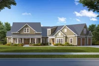 Split Bed Modern Farmhouse Plan 3-car Angled Garage with Rec Room and Expansion Above