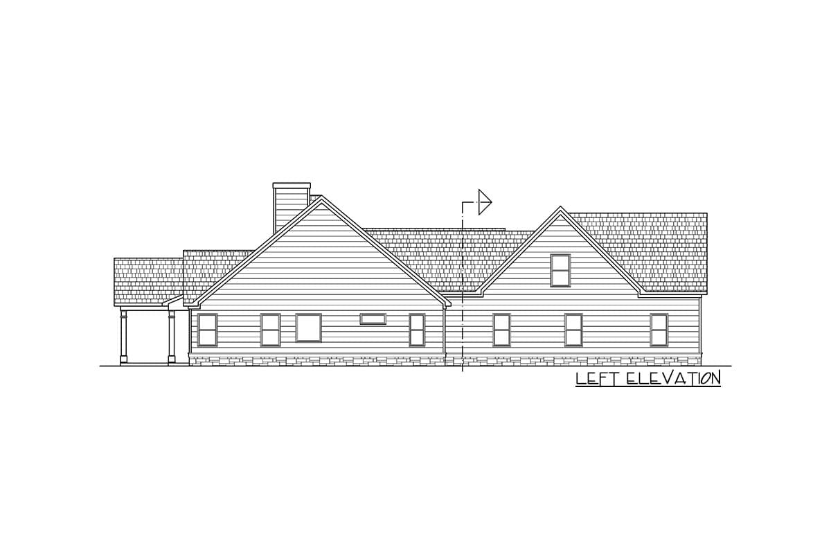 Left elevation drawing of a house plan featuring a hip roof, prominent gables, a chimney, and multiple windows.