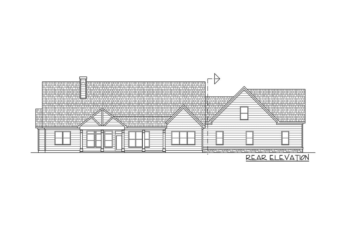Rear elevation drawing of a house plan featuring a gabled front entrance porch, multiple gables, and dormer windows.