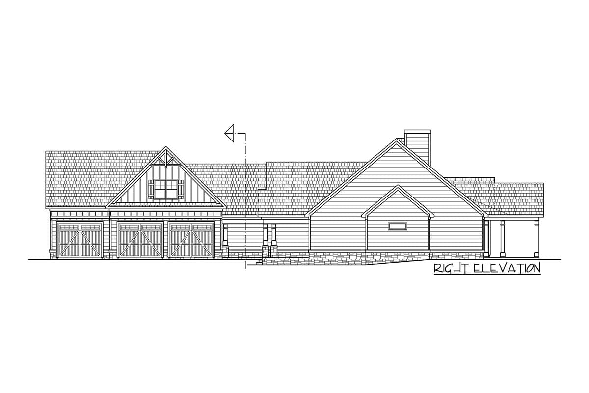 Right elevation house plan: Modern Farmhouse style, one story, with a three-car garage, prominent gable, dormer, and covered porch.