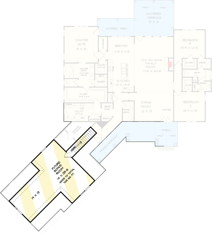 Plan 360089DK: Downsized Craftsman Home Plan with Angled 3-car Garage - 2618 Sq Ft - Floor Plan - Bonus - Country, Craftsman, Ranch
