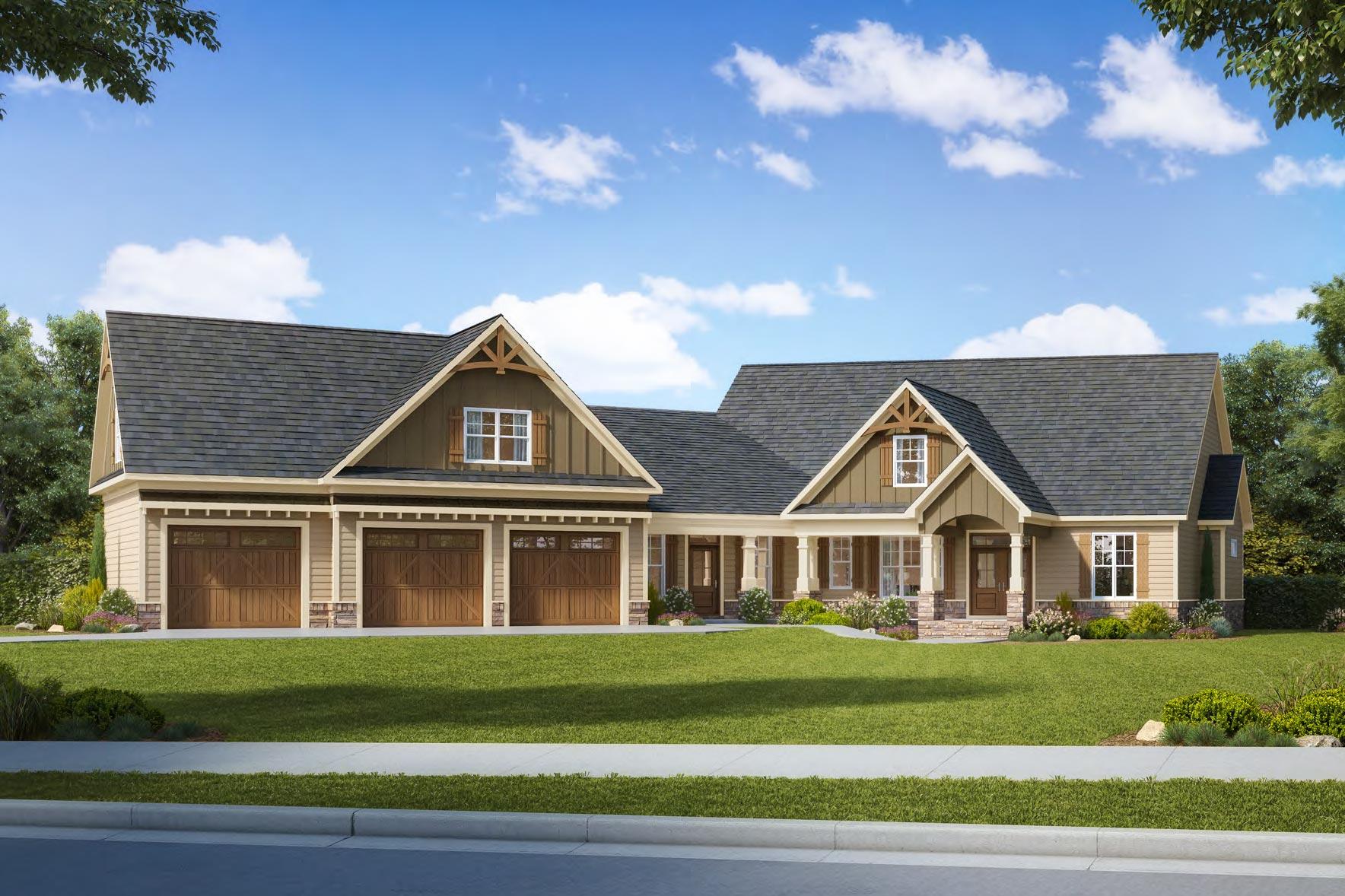 House plan exterior with Craftsman style. Features include gabled rooflines, a front porch, and three-car garage.