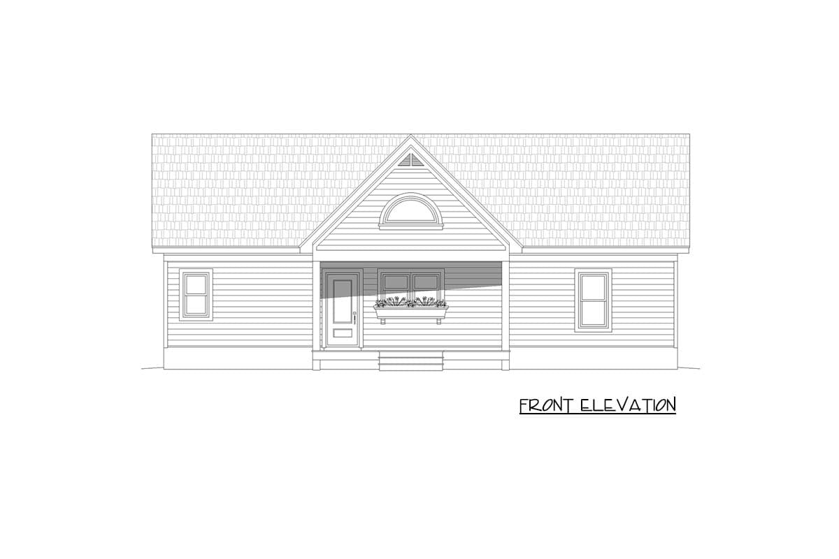 Front elevation drawing of a one-story house plan with a centered porch, gabled roof, and side windows.
