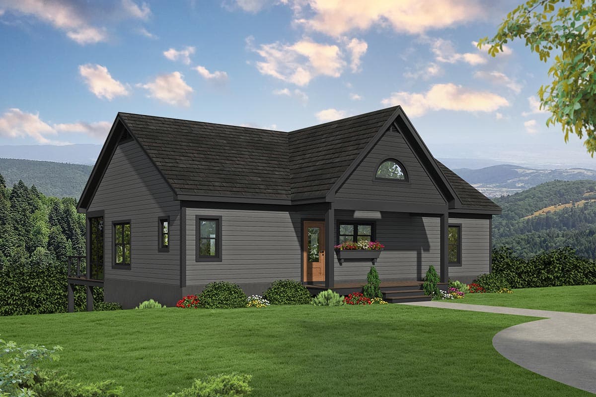 House plan exterior: Modern Farmhouse style, one-story with a gable roof, covered front porch, and arched dormer window.