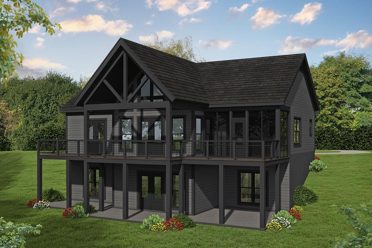 House plan exterior. Two-story, modern-style home with a gabled roof and a wraparound balcony. Features a glass-enclosed entry and metal railings.