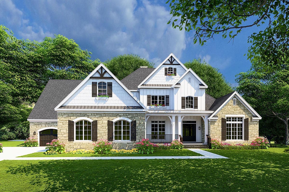 House plan exterior. Two-story Modern Farmhouse with stone and siding facade, covered porch, multiple gables, and attached garage.