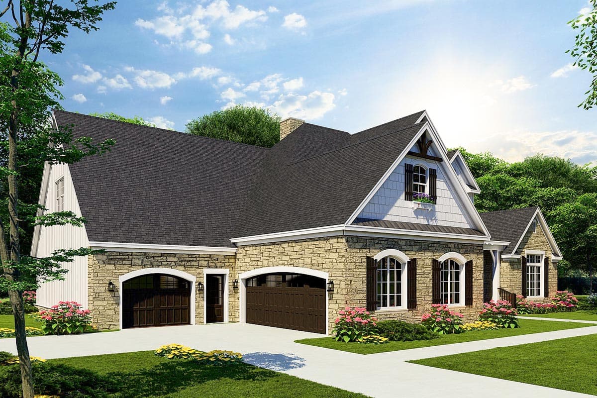 House plan exterior featuring stone and siding, a three-car garage, multiple gables, and arched windows.