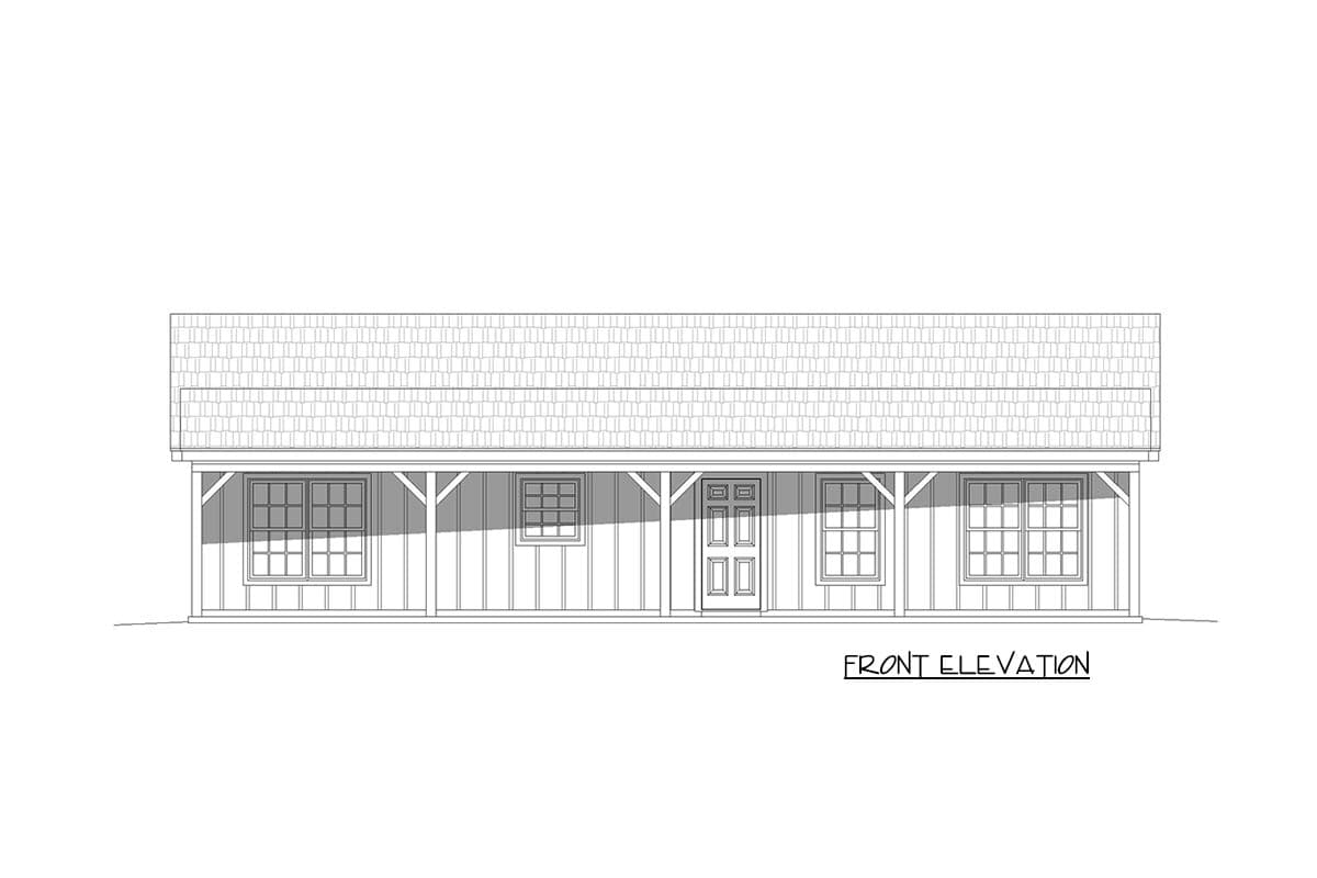 Front elevation drawing of a house plan featuring a covered porch with support posts, multiple windows, and a centered double door.