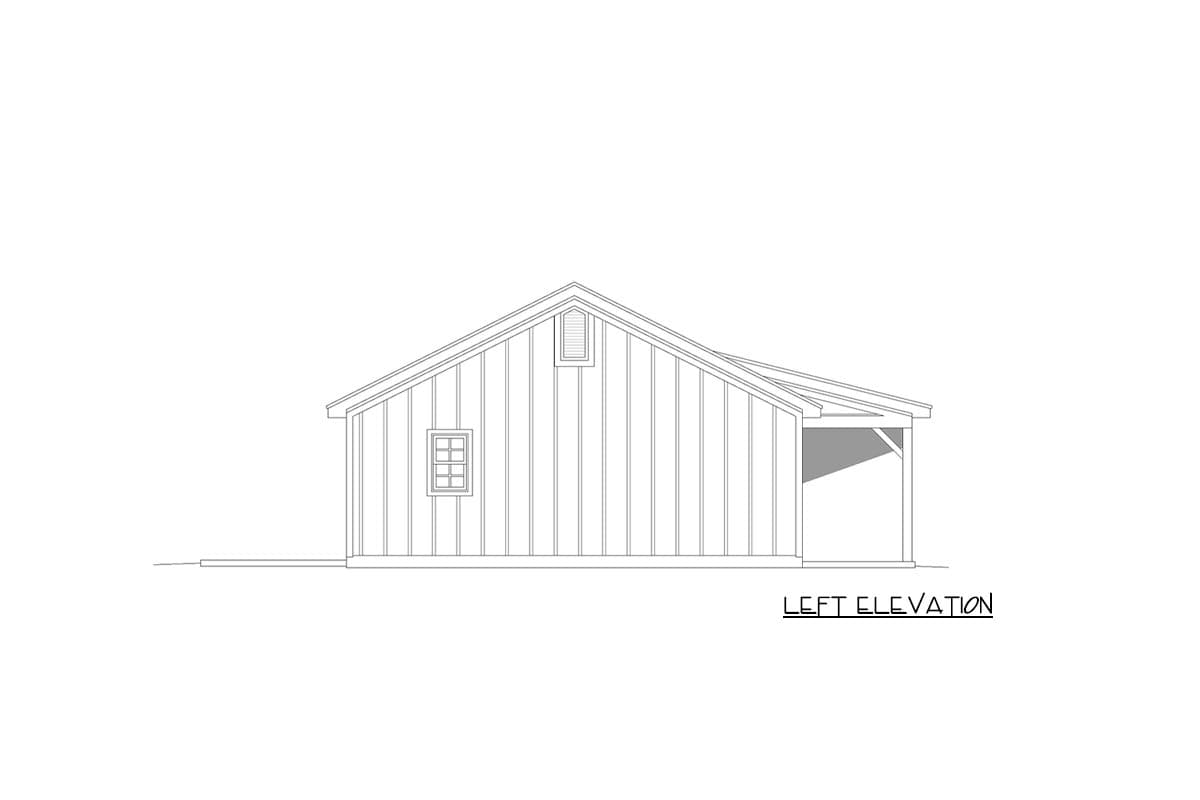 Left elevation drawing of a one-story house plan with vertical siding, a gable vent, a window, and a covered porch.