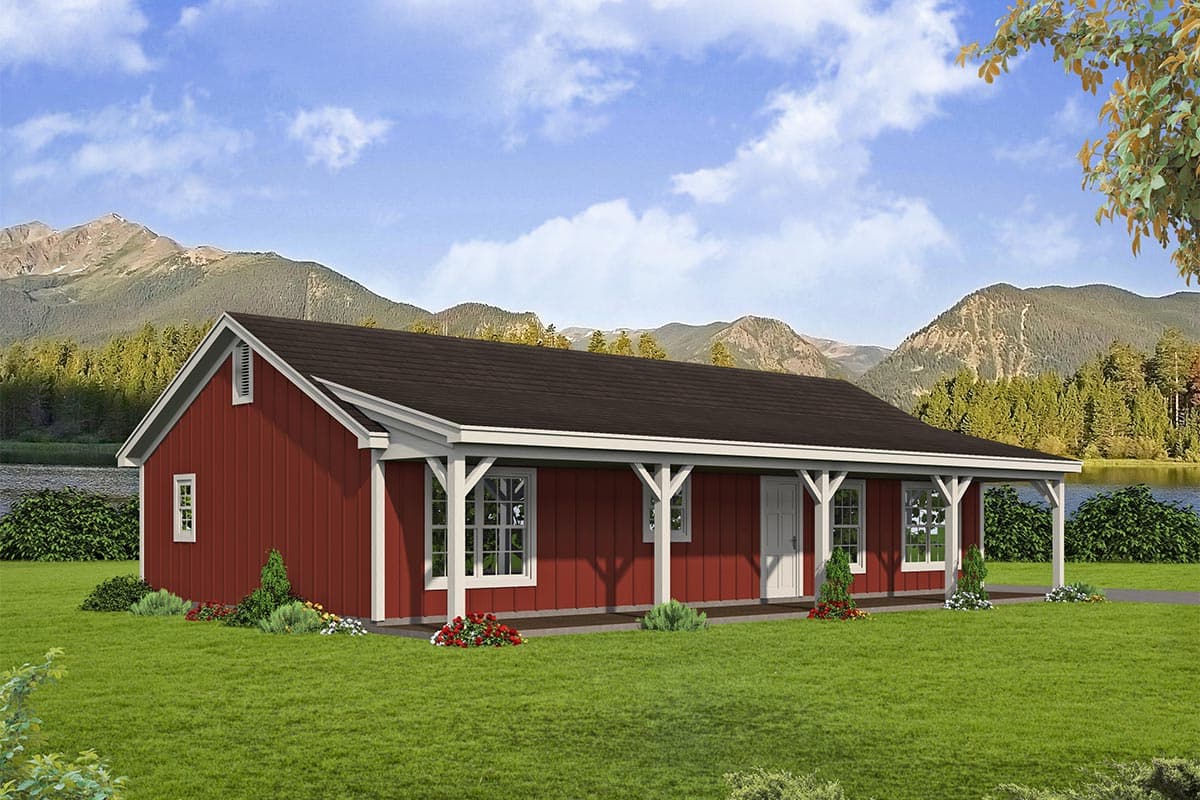 House plan exterior. Single-story Ranch style with a gabled roof and a covered porch supported by columns. Features include vertical siding.