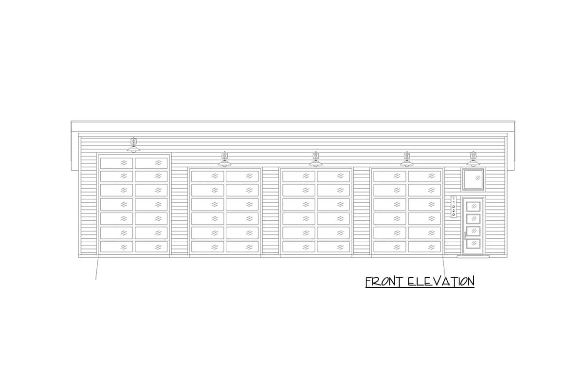 Front elevation drawing of a garage with four glass panel doors and one pedestrian door.