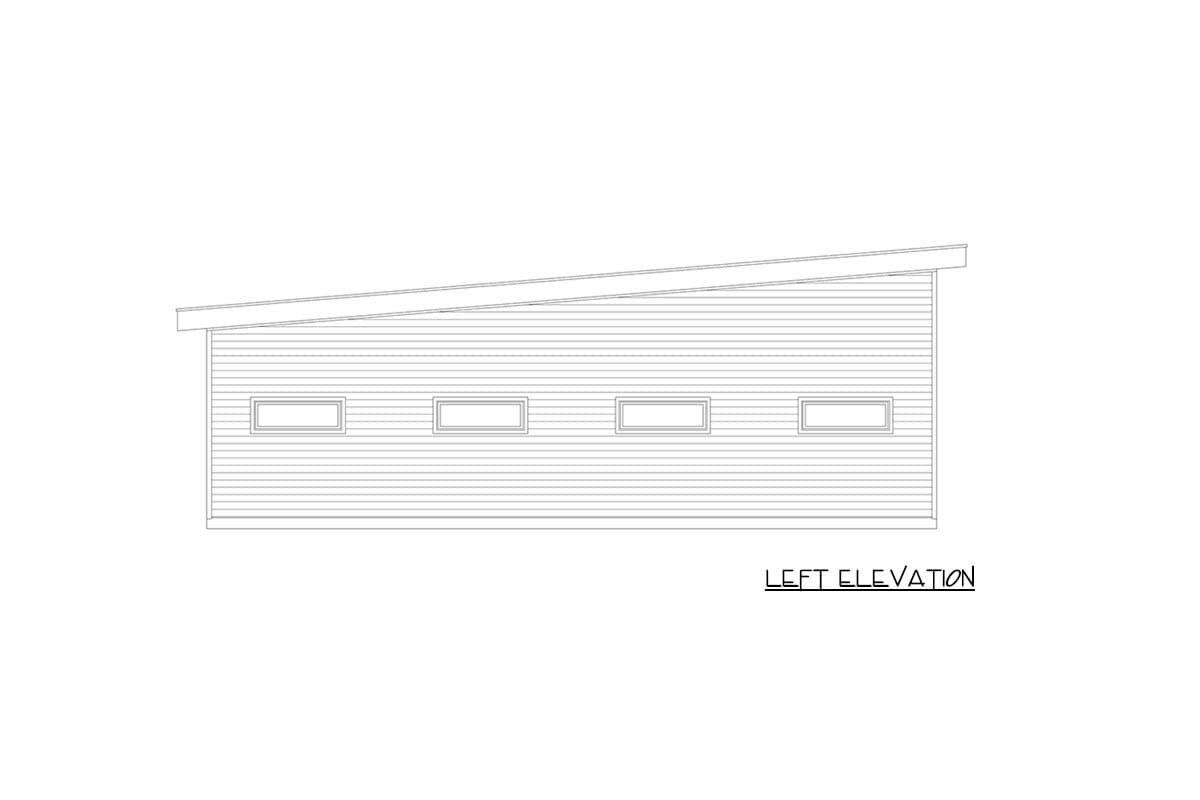 Left elevation drawing of a single-story house plan with a sloped roof and four horizontal windows.