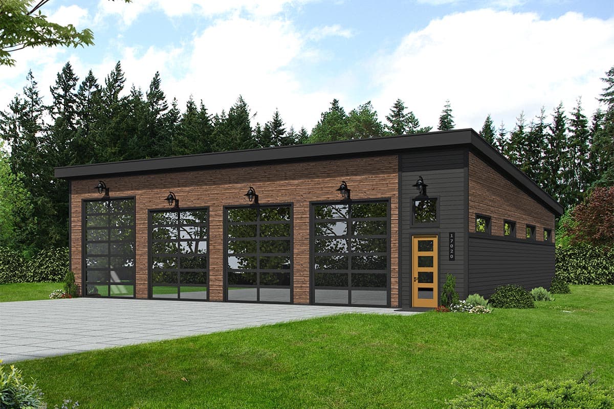 House plan exterior with a modern design featuring a flat roof, horizontal wood siding, glass garage doors, and a single entry door.