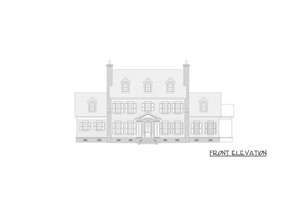 Front elevation house plan: Traditional two-story home with symmetrical facade, central portico, and five dormer windows.