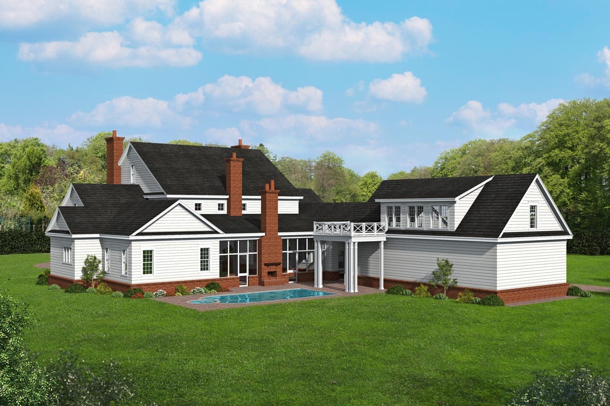 House plan exterior with a pool, large brick chimney, multiple gables, dormers, and a white deck.